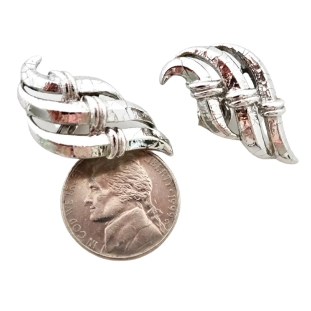 VINTAGE 60s CROWN TRIFARI  Signed Textured SILVER CLIP-ON ANGEL WINGS EARRINGS